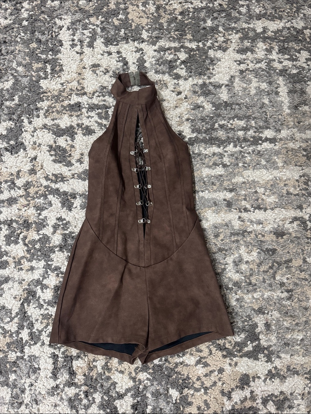 PrettyLittleThing Brown Halter Lace-Front Romper